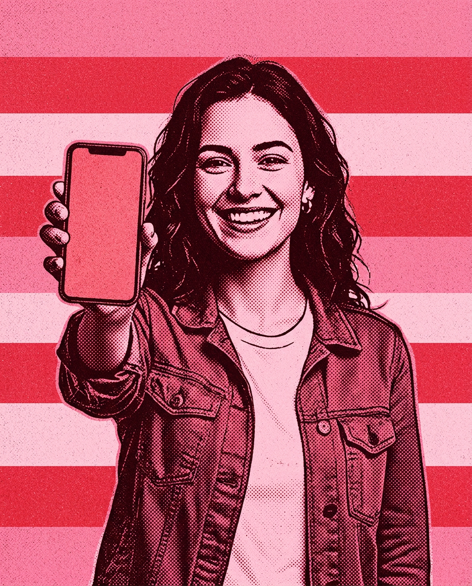 Generated illustration of a founder holding up a phone, shown as a sample promo video frame